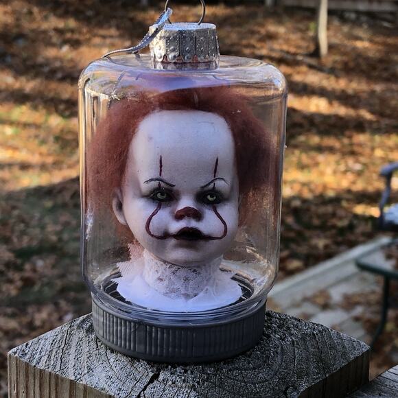 OOAK Creepy Odd Pennywise Clown Doll Head Scary Christmas Decor Tree Ornament - Picture 1 of 6
